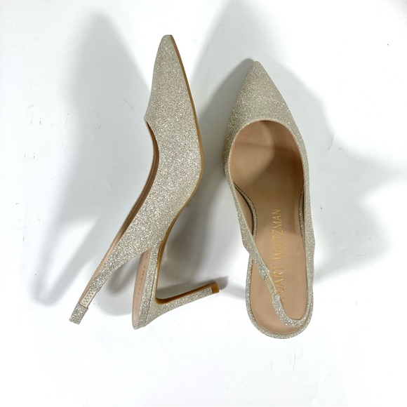 NWB Stuart Weitzman Linsi 75 Pointed Toe Glitter Slingback Pump Glitter Platino - Picture 11 of 17